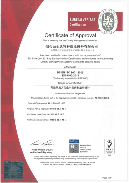 2019年，通过“AS9100航空体系”认证